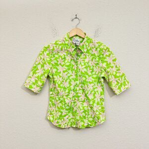 VTG LILLY PULITZER Floral Print Button-Up Shirt Half-Sleeve Lime Green Pink